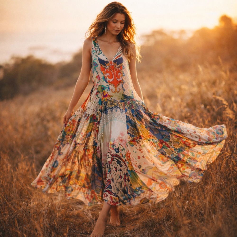 Johnny Was Silk Silvana Patchwork Garden Boho Maxi Dress Medium Luxe Floral